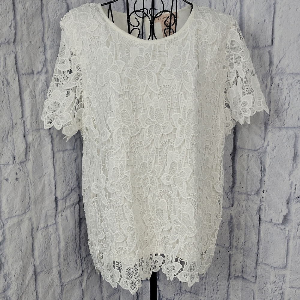 Philosophy White Lace Overlay Short Sleeve‎ Blouse Size Medium